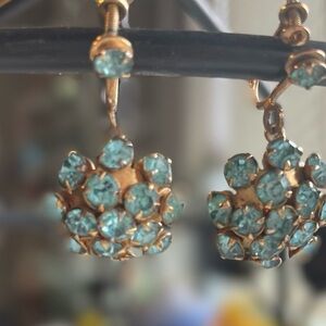 Beautiful Gold Tone Vintage Earrings,Prong Set Light Blue Stones Approx. 1” Chic